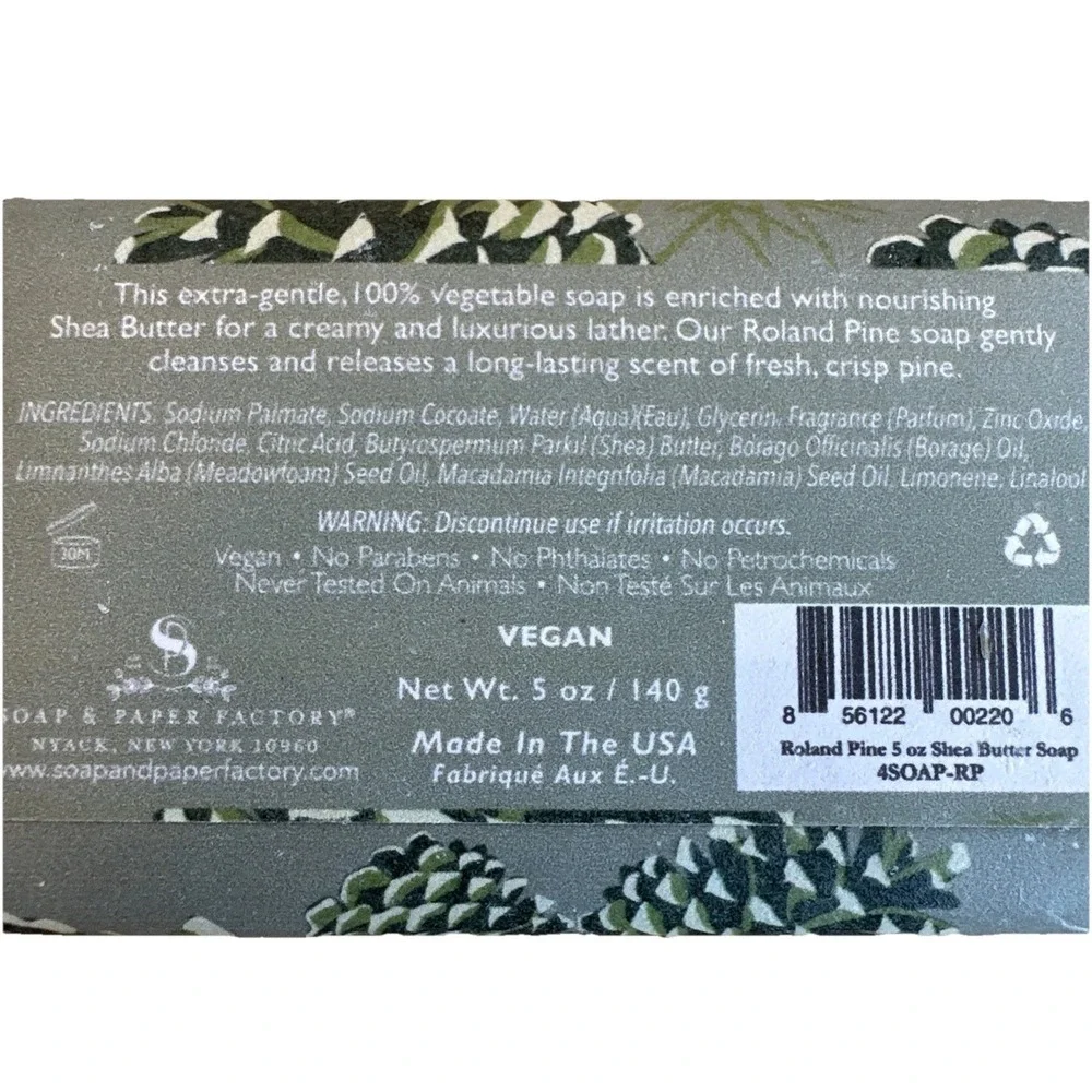 Soap & Paper Factory Roland Pine Shea Butter Soap, 5 oz. Vegan Siberian Fir Pine